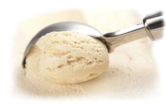 A scoop of vanilla ice cream in a metal scoop